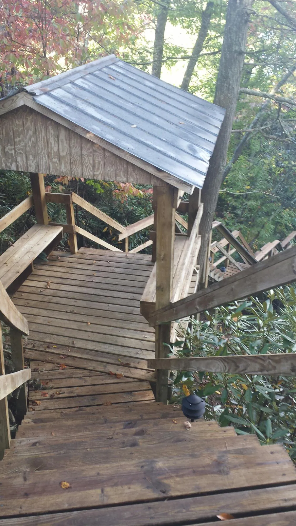 Metal roofed shelter over wooden steps on a wooded walkway — Skylight Repair & Installation work by our crew in Staunton